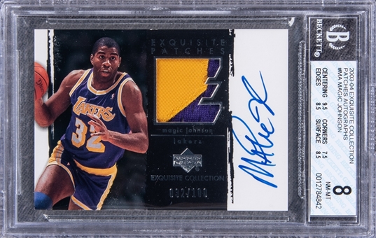 2003-04 UD "Exquisite Collection" Exquisite Patches Autographs #MA Magic Johnson Signed Game Used Patch Card (#032/100) - BGS NM-MT 8/BGS 9